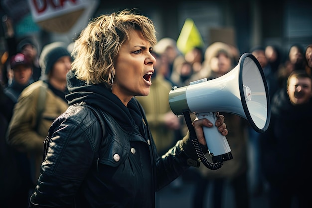 Foto uma mulher está cantando suas demandas através de um megafone durante uma manifestação.