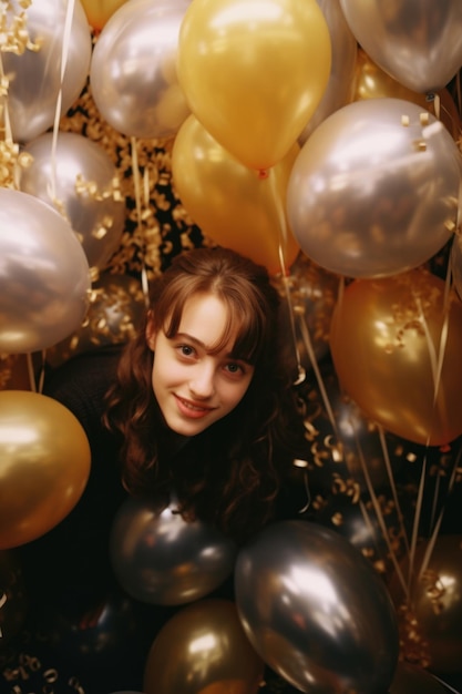 Uma mulher está cercada por muitos balões, alguns dos quais são de ouro e prata.