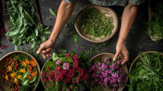 Uma mulher está colhendo flores de uma panela com flores roxas