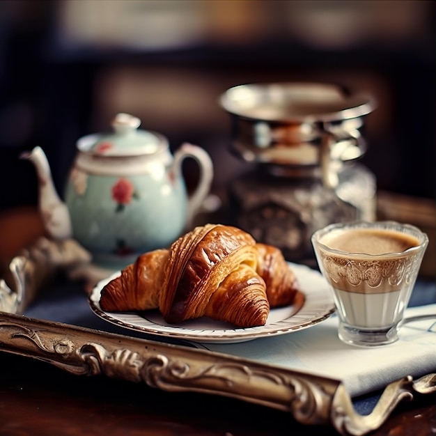 Uma mulher está comendo um croissant e uma xícara de café