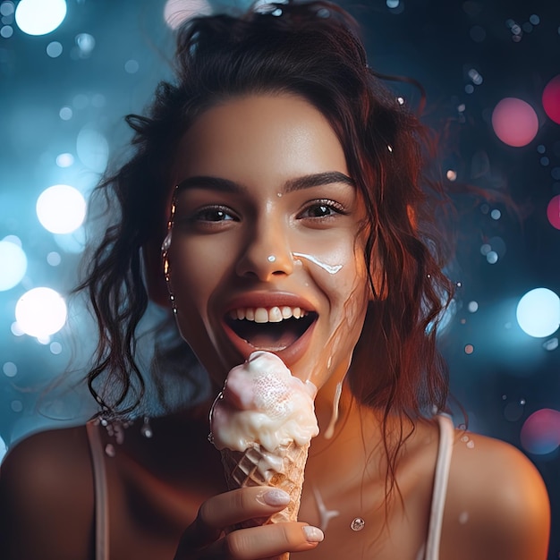 Foto uma mulher está comendo uma casquinha de sorvete com as palavras sorvete.