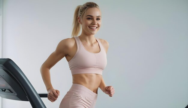 uma mulher está correndo em uma esteira de fitness vida saudável