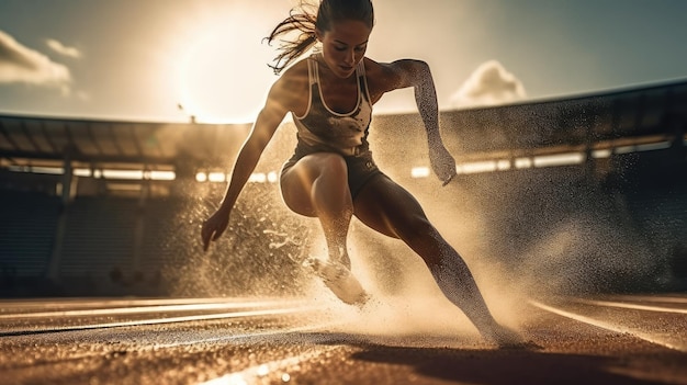 Uma mulher está correndo em uma pista com o sol atrás dela.