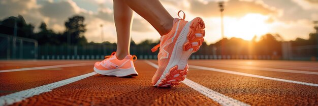 Foto uma mulher está correndo em uma pista com um par de sapatos laranjas