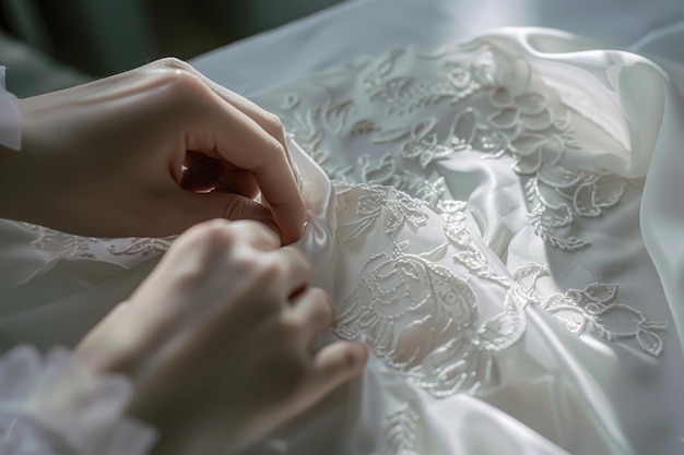 Foto uma mulher está costurando um vestido de noiva em uma cama