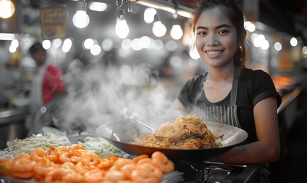 uma mulher está cozinhando comida em um mercado com uma panela de comida