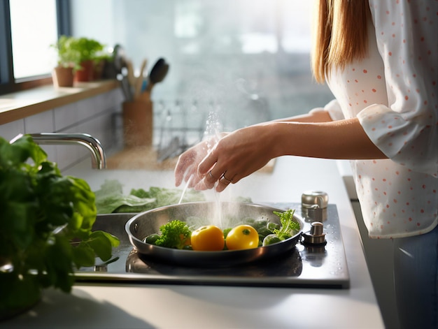 uma mulher está cozinhando legumes em uma cozinha