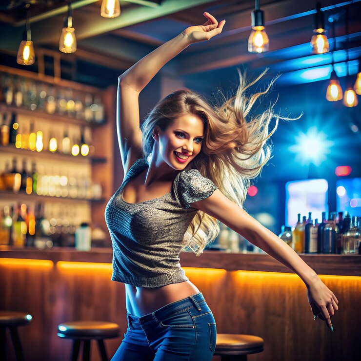 Foto uma mulher está dançando em um bar com um sinal que diz que ela é feliz