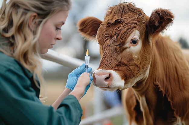 uma mulher está dando uma injeção a uma vaca