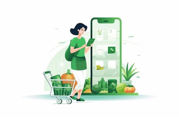uma mulher está de pé ao lado de um carrinho de compras e olhando para seu telefone
