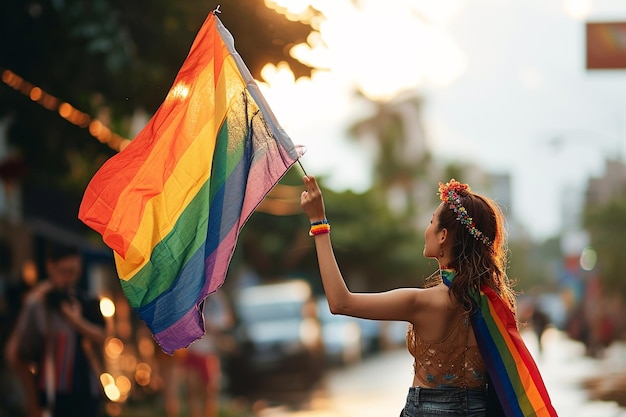 uma mulher está de pé e agitando uma bandeira de orgulho LGBT no estilo de forma reducionista