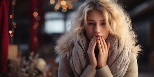 uma mulher está de pé em frente a uma árvore de Natal