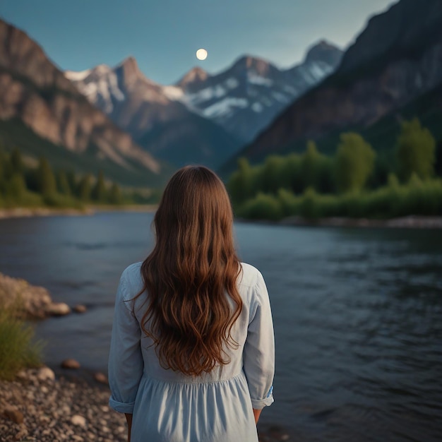uma mulher está de pé em um penhasco com vista para um rio com montanhas ao fundo