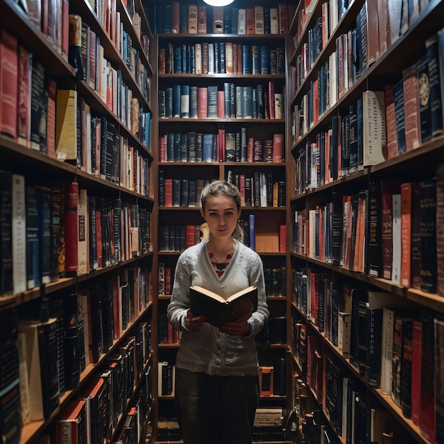 Foto uma mulher está de pé em uma biblioteca segurando um livro