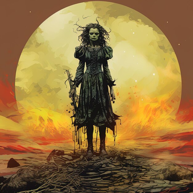 uma mulher está de pé em uma colina com uma lua cheia atrás dela