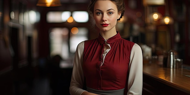 Foto uma mulher está de pé em uma mesa na cozinha no estilo de castanho e bege