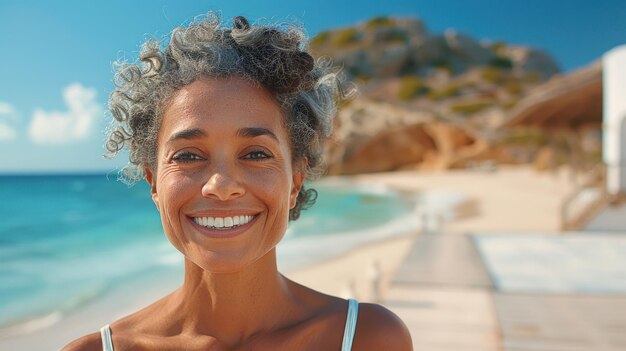 Uma mulher está de pé em uma praia ao lado do oceano olhando para a água e desfrutando da vista