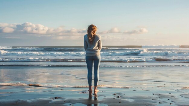 Uma mulher está de pé em uma praia deserta de volta de frente para a câmera como olha para o vasto oceano o