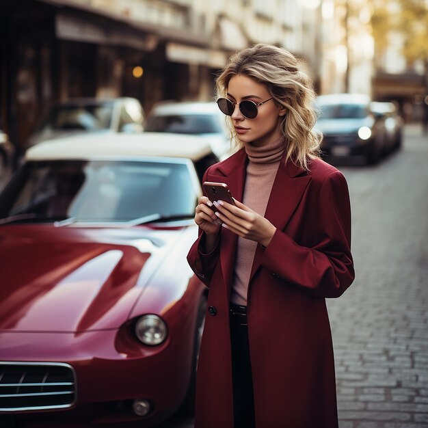 uma mulher está de pé na frente de um carro e olhando para seu telefone