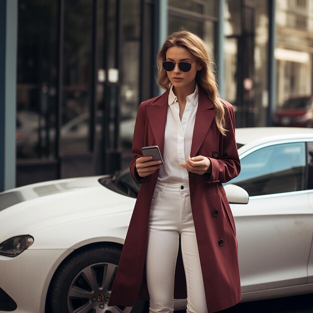 uma mulher está de pé na frente de um carro e olhando para seu telefone