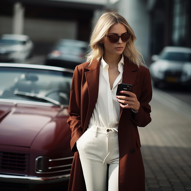 uma mulher está de pé na frente de um carro e olhando para seu telefone