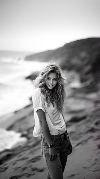 uma mulher está de pé numa praia com o cabelo a soprar no vento