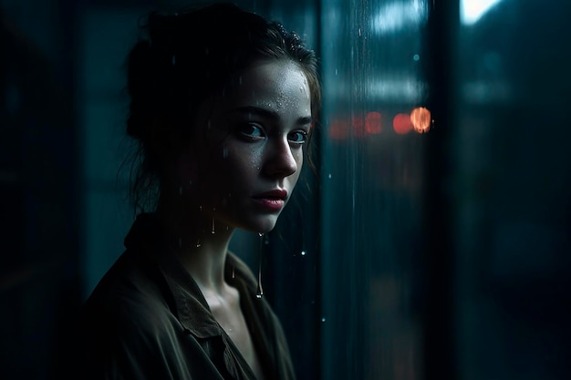 Uma mulher está de pé numa sala escura com uma janela que diz "a rapariga do lado esquerdo"
