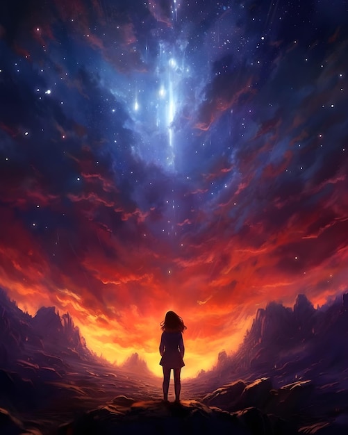 Uma mulher está de pé sobre uma rocha olhando para o céu com as estrelas ao fundo.