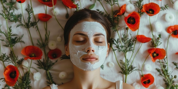 Uma mulher está deitada em uma cama com uma máscara branca em seu rosto a cama está coberta de flores, incluindo papoulas vermelhas a mulher está relaxada e desfrutando do momento