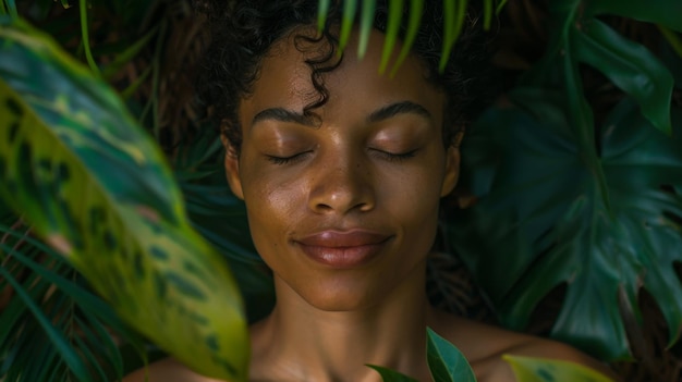 Uma mulher está deitada na selva com os olhos fechados e cercada por folhas.