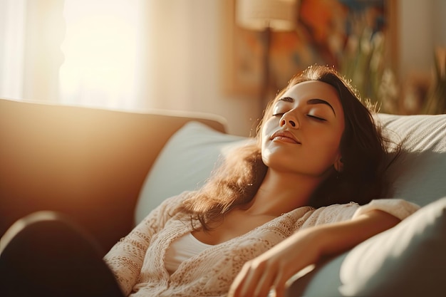 Uma mulher está dormindo em um sofá com os olhos fechados.