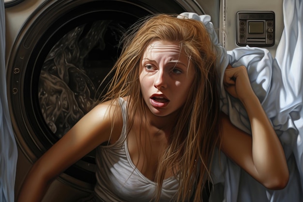 Foto uma mulher está em choque porque sua máquina de lavar com uma pilha de roupa suja quebra