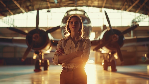 Foto uma mulher está em frente a um avião velho com os braços cruzados