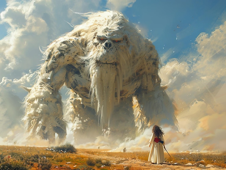 Foto uma mulher está em frente a um monstro gigante.