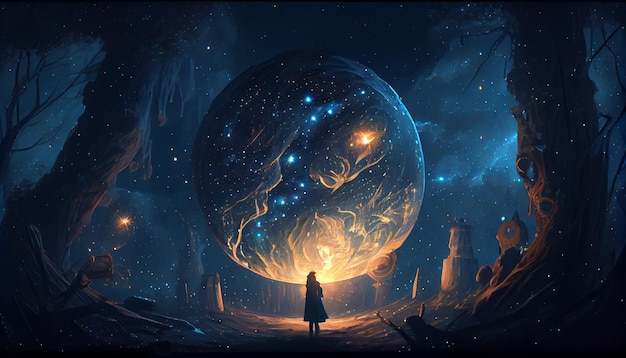 Uma mulher está em frente a um planeta com uma luz azul no centro.