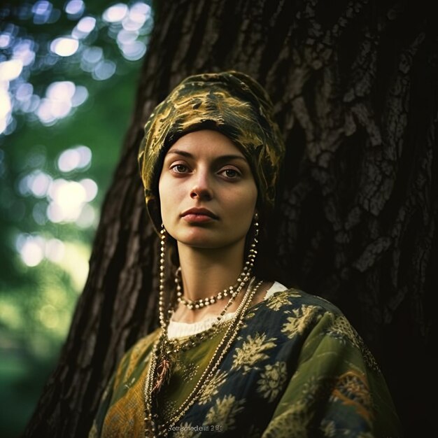 uma mulher está em frente a uma árvore com um padrão floral verde e azul