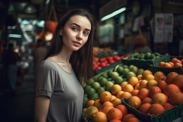 Uma mulher está em frente a uma barraca de frutas.