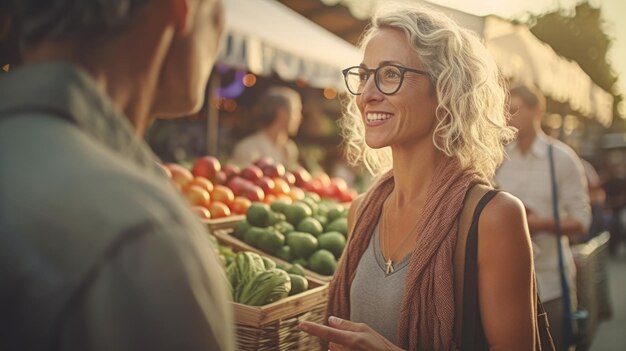 Foto uma mulher está em frente a uma cesta de frutas e legumes em um mercado de agricultores.