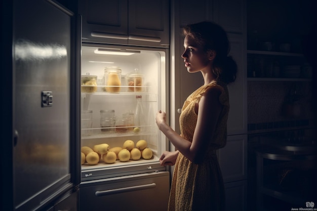 Uma mulher está em frente a uma geladeira aberta com uma luz acesa.