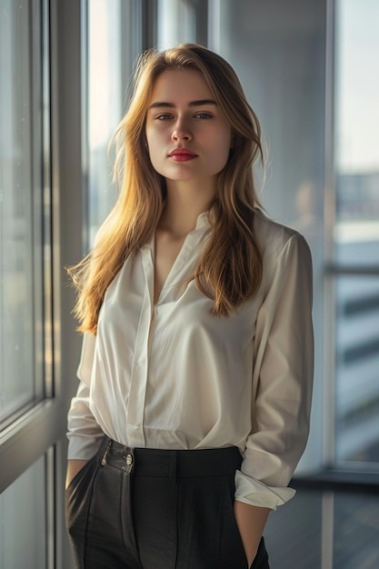 uma mulher está em frente a uma janela com lábios vermelhos e uma camisa branca que diz moda