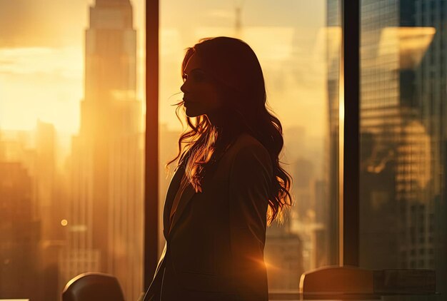 Foto uma mulher está em frente a uma janela com o sol a pôr-se atrás dela