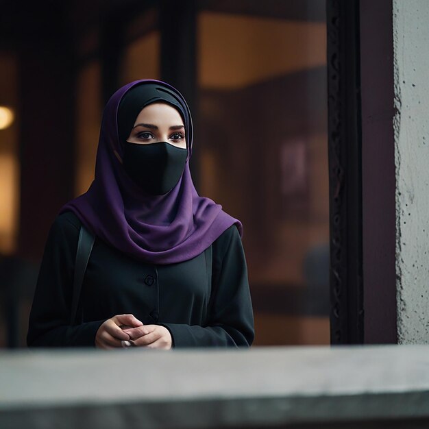 Foto uma mulher está em frente a uma janela com um lenço roxo na cabeça