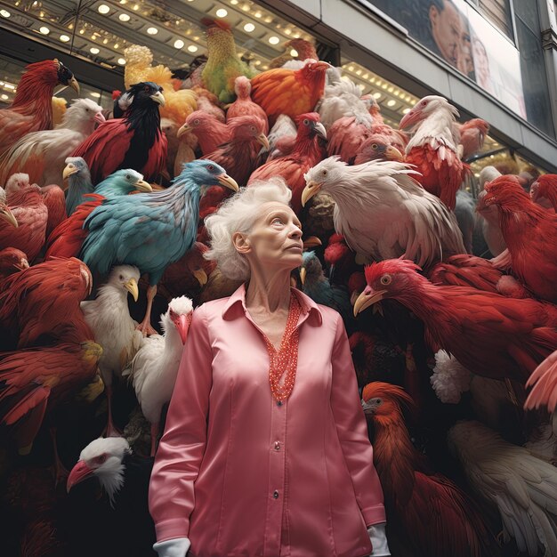 uma mulher está em frente a uma loja cheia de pássaros