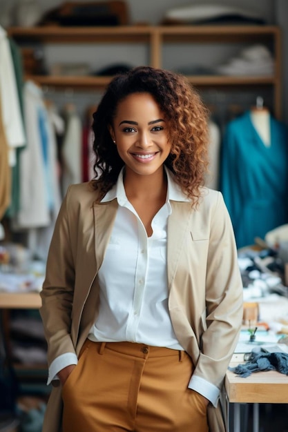 Uma mulher está em frente a uma loja de roupas com uma camisa que diz que ela é uma marca de moda