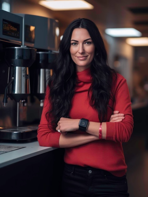 Uma mulher está em frente a uma máquina de café no canto do hall