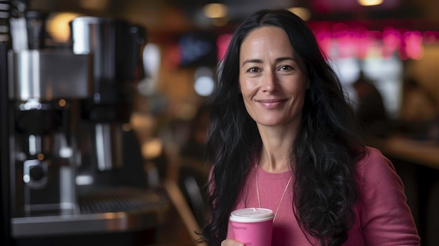 Uma mulher está em frente a uma máquina de café no canto do hall