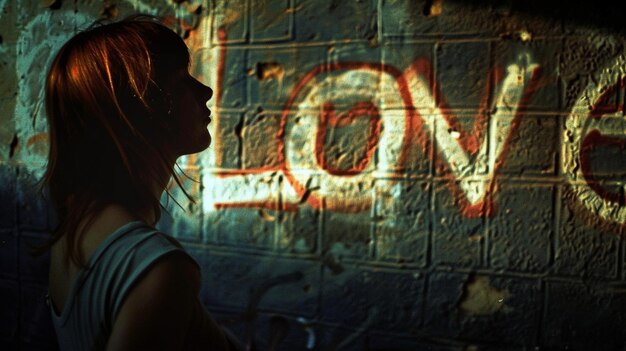 uma mulher está em frente a uma parede de tijolos com a palavra amor nela