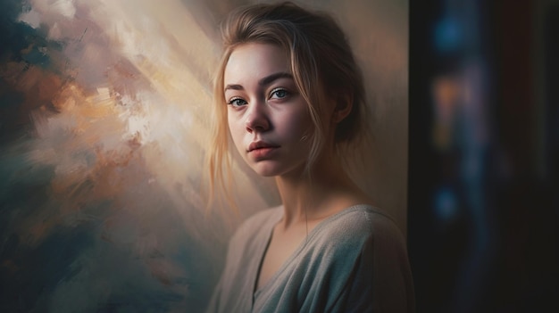 Uma mulher está em frente a uma pintura que diz 'anjo' nela