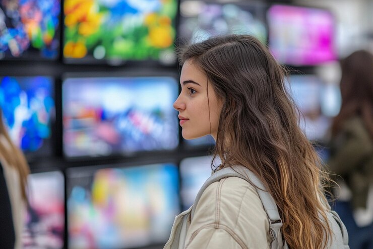 Foto uma mulher está em frente a uma tela de tv que diz a palavra citação