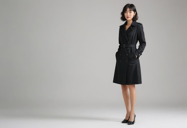 Uma mulher está em pé em um casaco preto profissional complementado por saltos pretos e um confiante